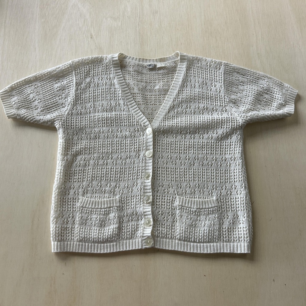 Vintage Roaman's Cardigan Sweater Womens L White V Neck Short Sleeve Open Knit